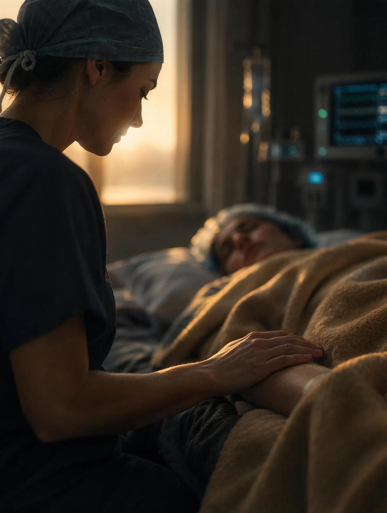 An anesthesiologist rests her hand on a sleeping patient's arm in warm morning light