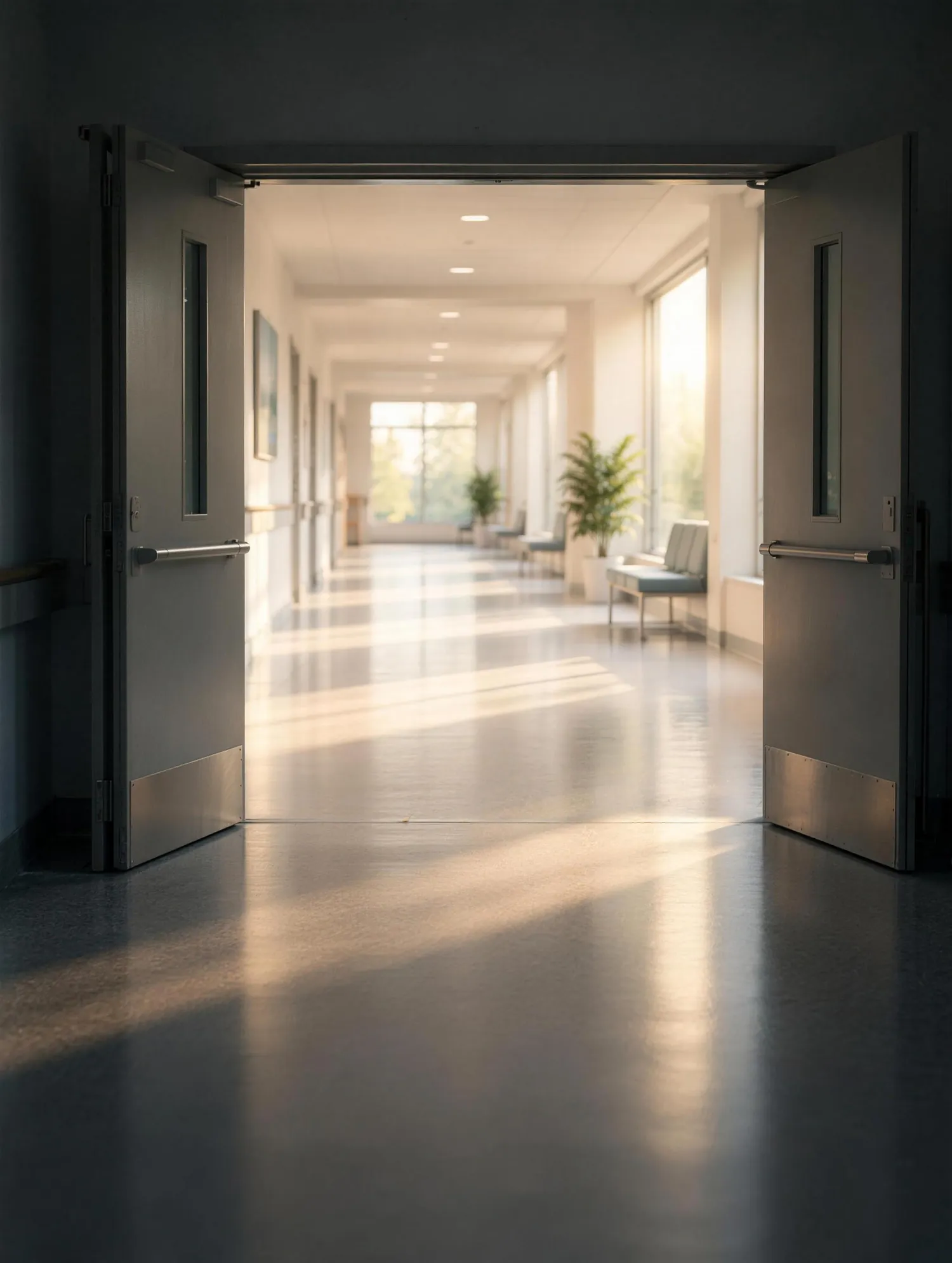 A hospital corridor door standing open, morning light pouring through