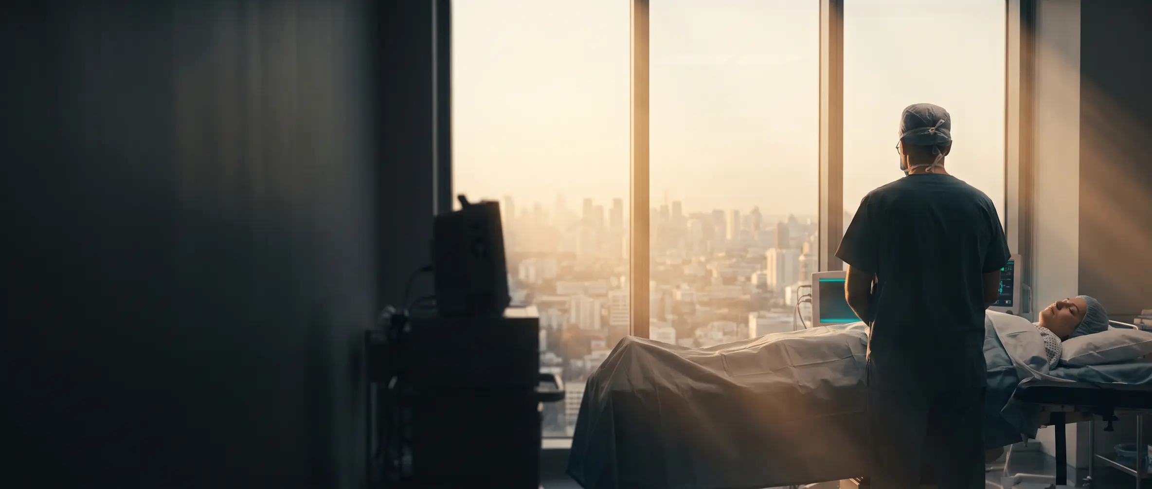 An anesthesiologist stands watch over a sleeping patient at dawn, the city skyline stretching beyond the operating room window