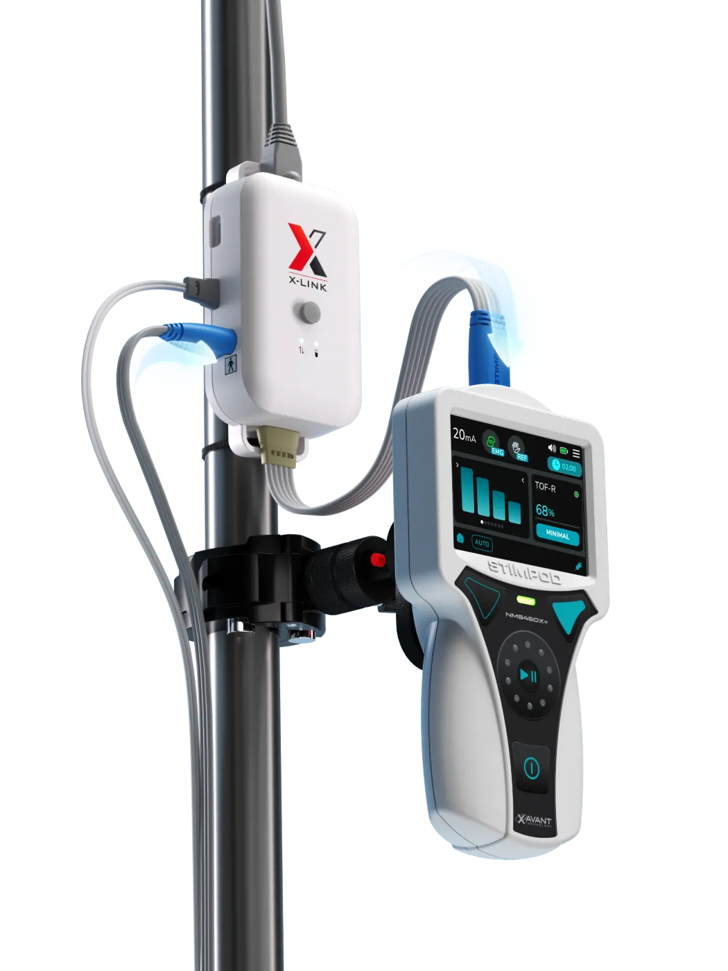 X-Link an einem Infusionsständer montiert, neben einem Stimpod NMS450X+