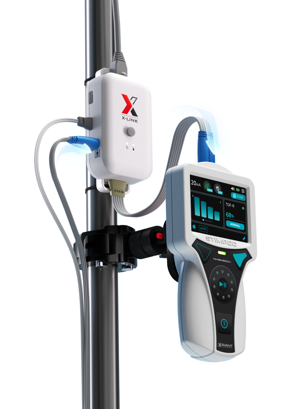X-Link und Stimpod NMS450X+, gemeinsam an einem Infusionsständer montiert