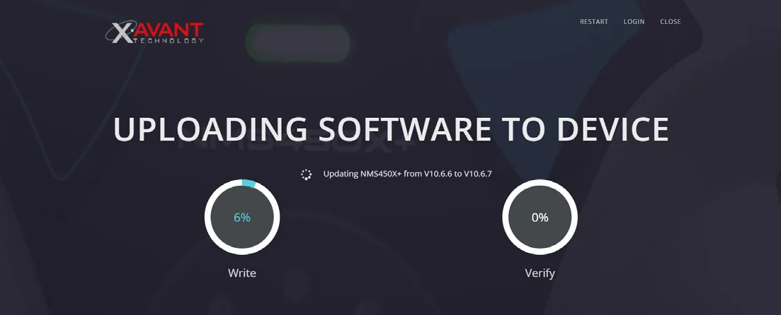 The Remote Software Update application uploading software to an NMS450X+, with write and verify progress