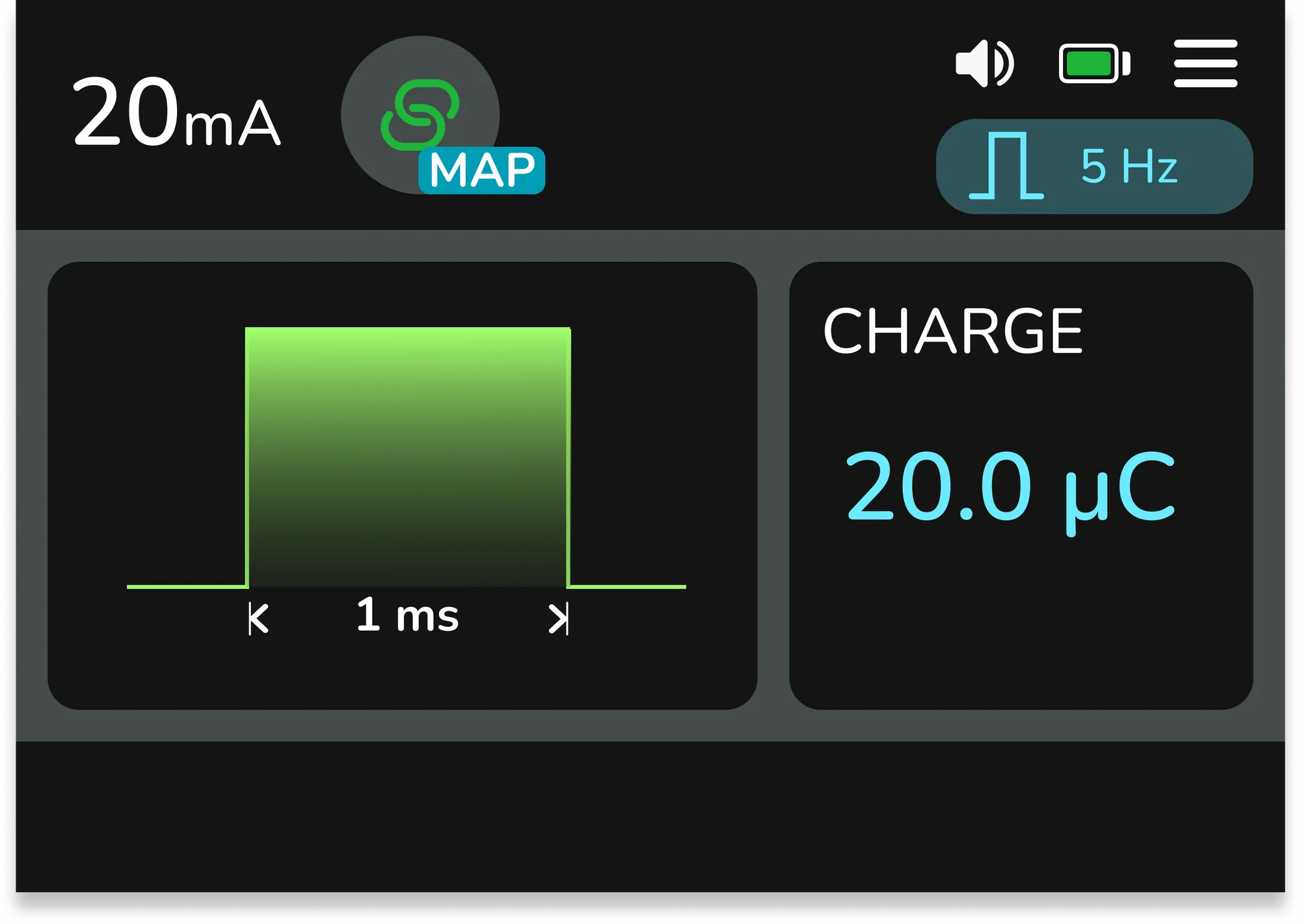 Stimpod-Mapping-Bildschirm bei 20 mA und 5 Hz, Ladung 20,0 µC