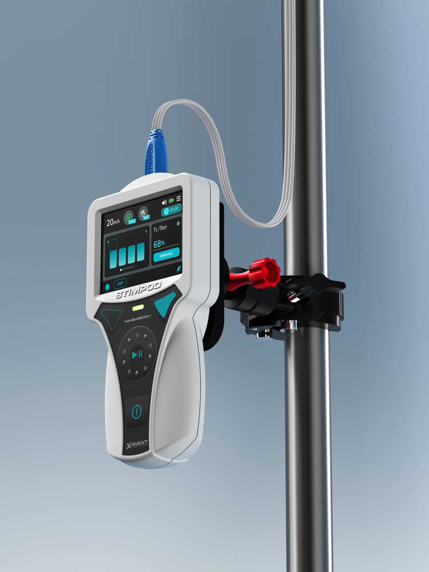 Stimpod™ NMS450X+ held on an IV pole by the Infinity Mount, its NMT cable running down to the patient
