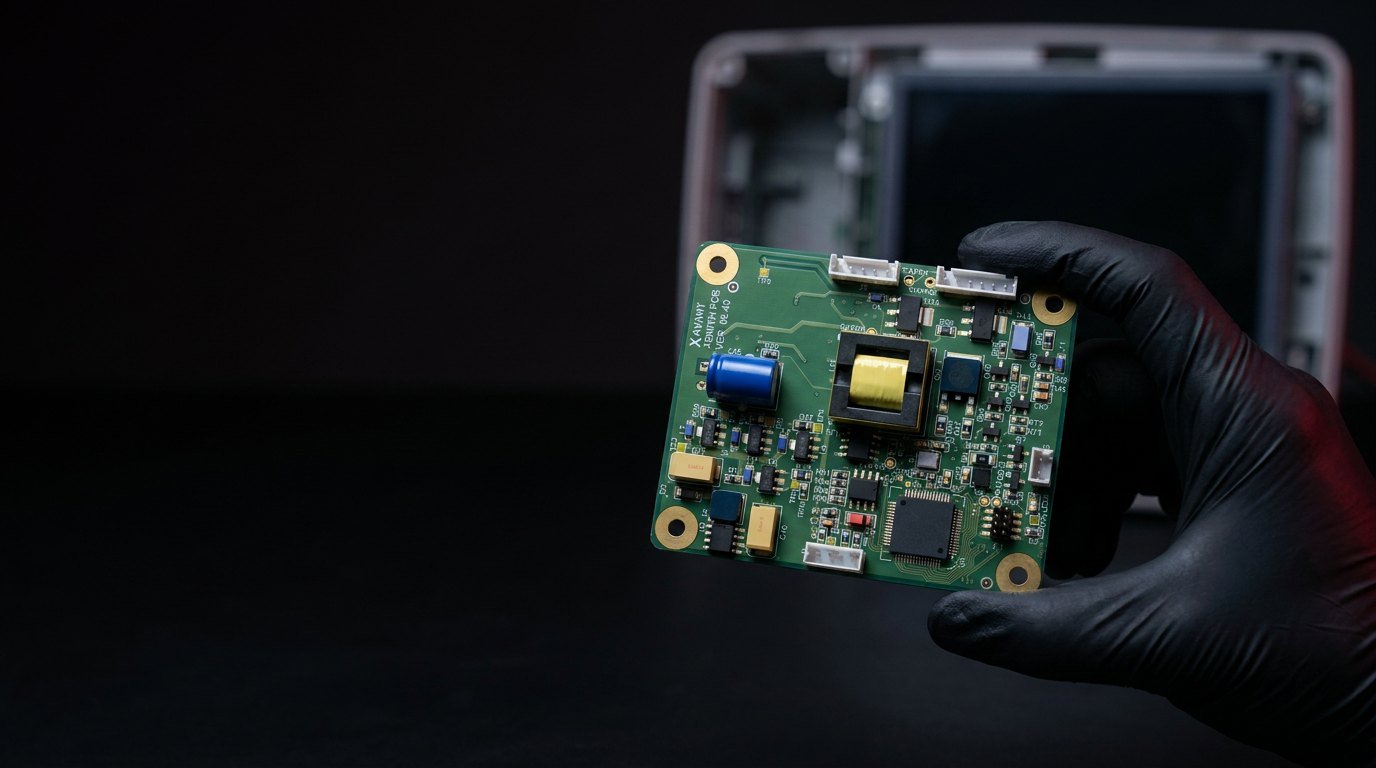 Das Xenith-Modul für neuromuskuläres Monitoring, eine kleine grüne Platine, in einer behandschuhten Hand über einer dunklen Werkbank, dahinter ein geöffneter Patientenmonitor