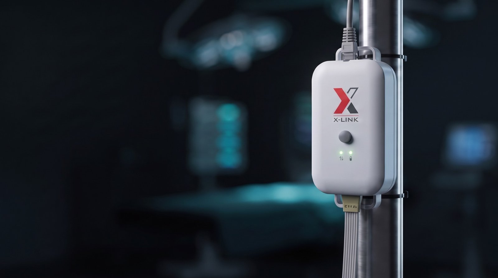 X-Link an einem Infusionsständer in einem abgedunkelten OP-Saal, beide Status-LEDs leuchten grün, Ethernet-Kabel angeschlossen